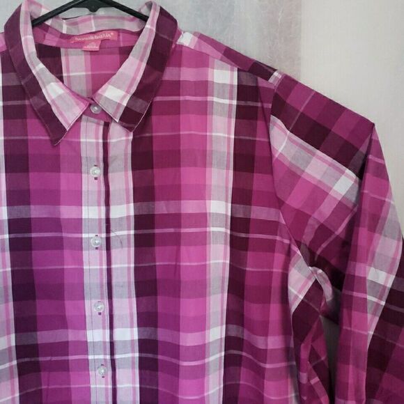 Woman Within Button Up Shirt 1X Plaid Classic Collar Hemline Styling Purple Pink - Picture 4 of 11